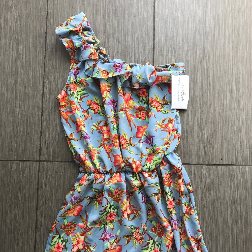 Shabby Apple Light Blue & Floral One Shoulder XS